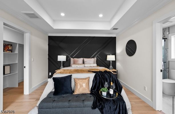 Bedroom, Interior, Recessed Lighting, Wood Texture Flooring