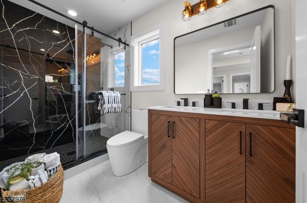 Bathroom, Glass Shower, Interior, Marble, Marble Walls, Recessed Lighting