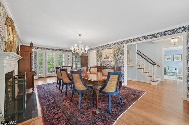 Chandelier, Dining room, Fireplace, Interior, Wood Texture Flooring