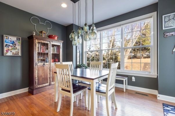 Dining room, Interior, Pendant Lights, Recessed Lighting, Wood Texture Flooring