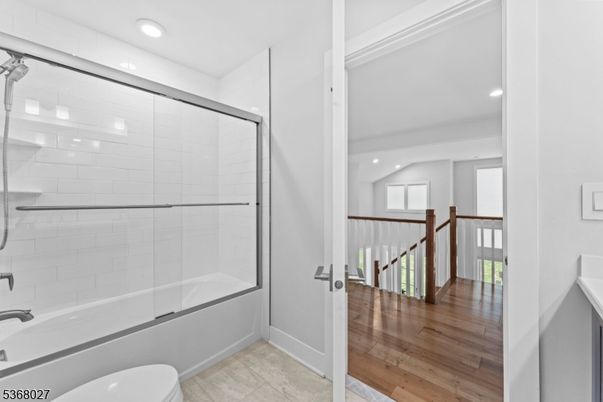 Bathroom, Glass Shower, Interior, Recessed Lighting, Wood Texture Flooring