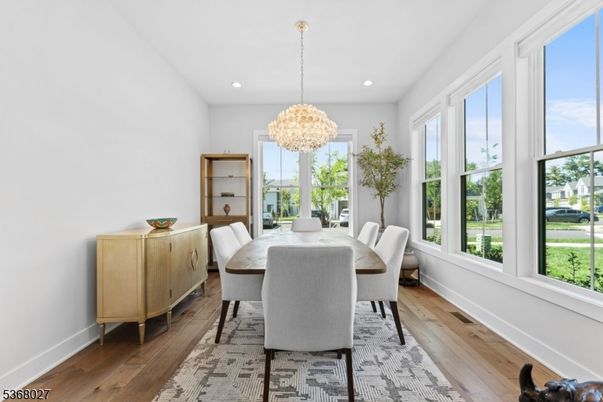 Chandelier, Dining room, Interior, Recessed Lighting, Wood Texture Flooring