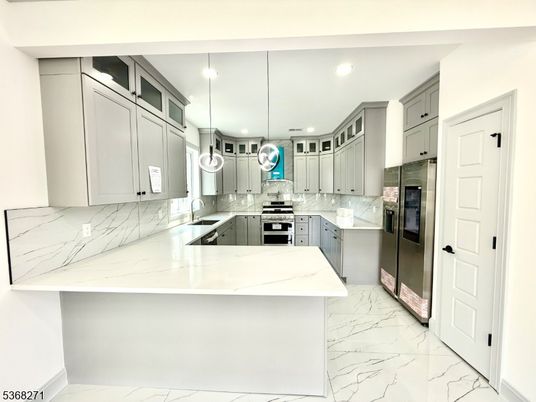 Interior, Kitchen, Marble, Pendant Lights, Recessed Lighting, Stainless Steel Appliances