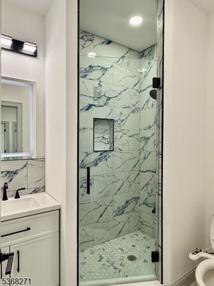 Bathroom, Glass Shower, Interior, Marble Walls, Recessed Lighting
