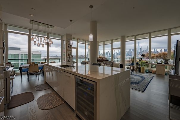 Dining room, Interior, Kitchen, Pendant Lights, Recessed Lighting, Water, Wood Texture Flooring