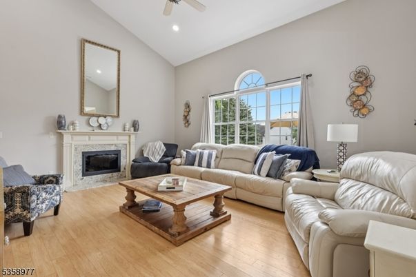 Fireplace, Interior, Living room, Recessed Lighting, Wood Texture Flooring