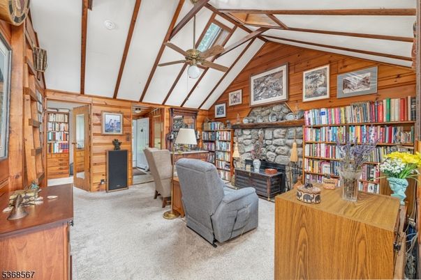 Fireplace, Home Office, Interior, Stone Walls, Wooden Beams, Wooden Walls