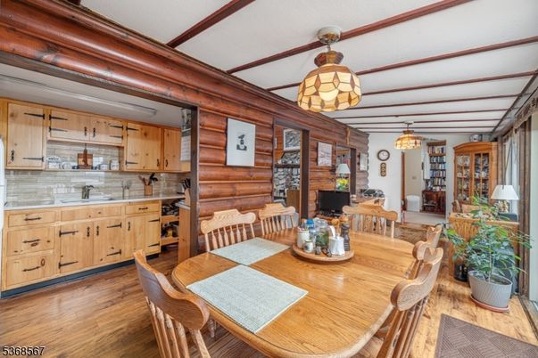 Dining room, Interior, Kitchen, Pendant Lights, Wood Texture Flooring, Wooden Walls