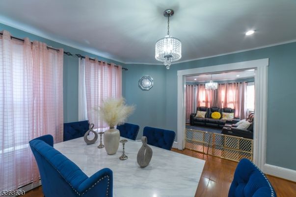 Chandelier, Dining room, Interior, Living room, Pendant Lights, Recessed Lighting, Wood Texture Flooring