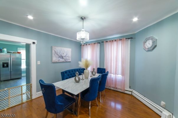 Chandelier, Dining room, Interior, Recessed Lighting, Wood Texture Flooring
