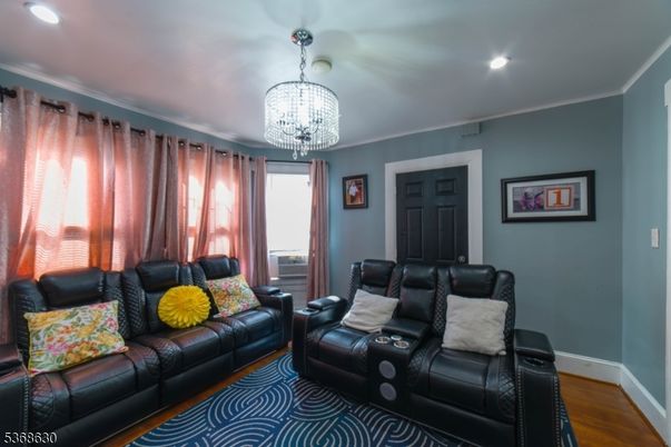 Chandelier, Home Theatre Room, Interior, Recessed Lighting, Wood Texture Flooring
