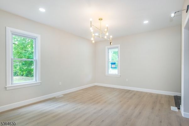 Empty room, Interior, Pendant Lights, Recessed Lighting, Wood Texture Flooring