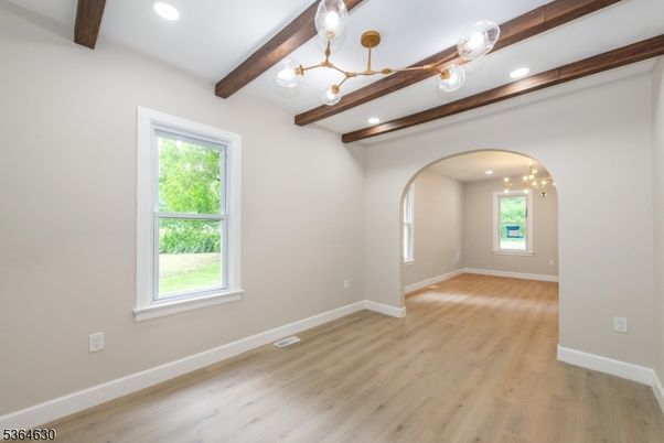 Empty room, Interior, Pendant Lights, Recessed Lighting, Wooden Beams, Wood Texture Flooring