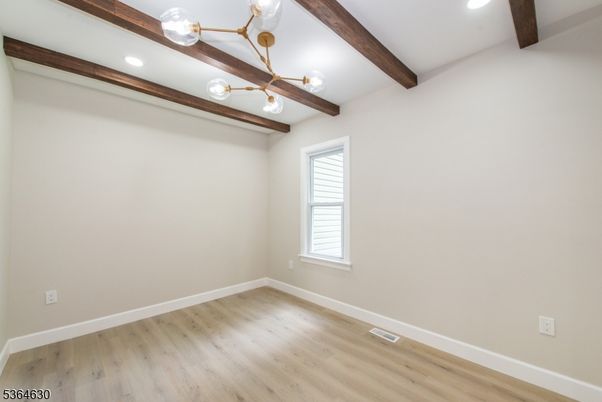 Empty room, Interior, Pendant Lights, Recessed Lighting, Wooden Beams, Wood Texture Flooring