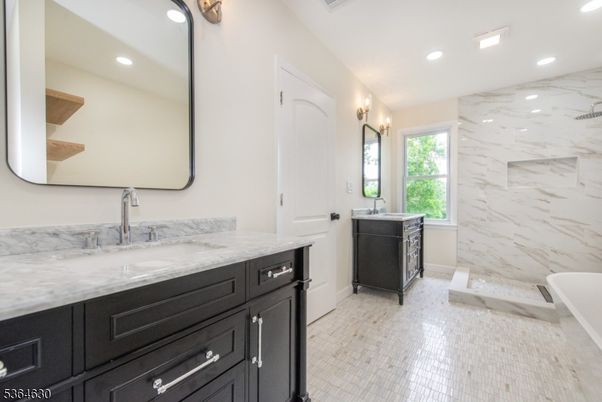 Bathroom, Dual Sink Vanities, Interior, Marble Walls, Recessed Lighting