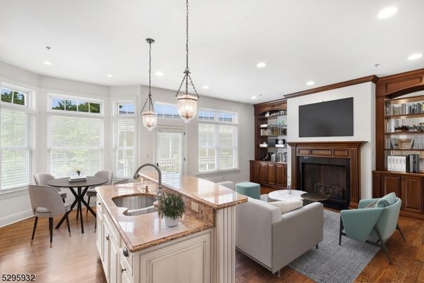 Dining room, Fireplace, Interior, Kitchen, Living room, Pendant Lights, Recessed Lighting, Wood Texture Flooring
