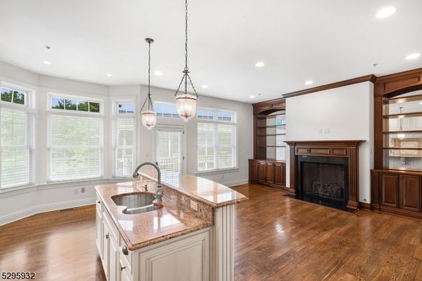 Fireplace, Interior, Kitchen, Pendant Lights, Recessed Lighting, Wood Texture Flooring