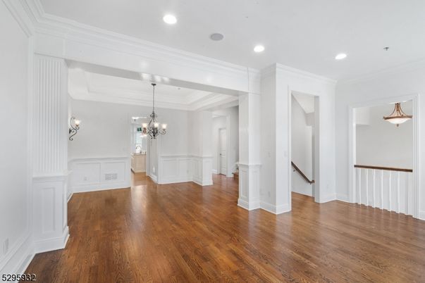 Chandelier, Empty room, Interior, Recessed Lighting, Wood Texture Flooring