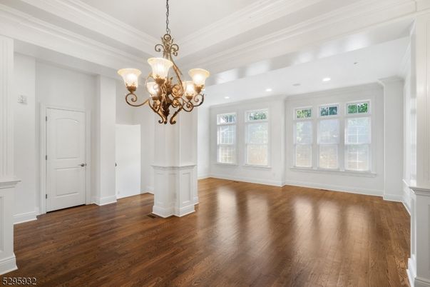 Chandelier, Empty room, Interior, Recessed Lighting, Wood Texture Flooring