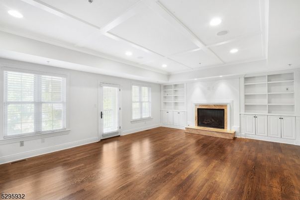 Empty room, Fireplace, Interior, Recessed Lighting, Wood Texture Flooring