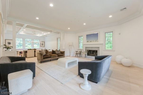 Fireplace, Interior, Living room, Pendant Lights, Recessed Lighting, Wood Texture Flooring