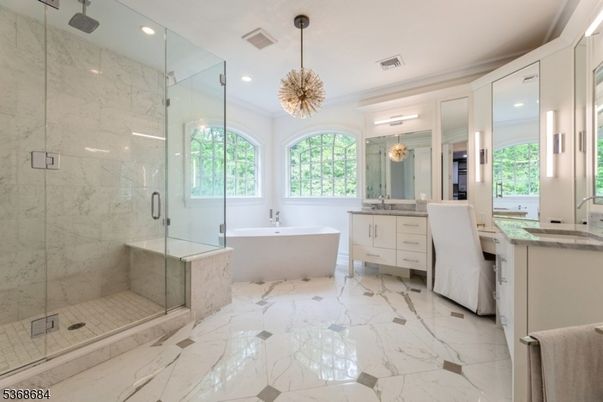 Bathroom, Dual Sink Vanities, Free Standing Baths, Glass Shower, Interior, Marble, Marble Walls, Pendant Lights, Recessed Lighting