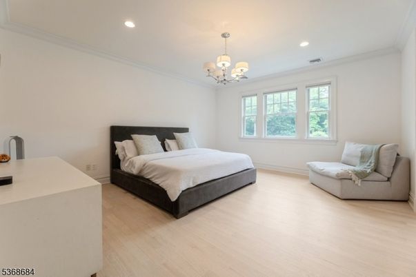 Bedroom, Chandelier, Interior, Recessed Lighting, Wood Texture Flooring