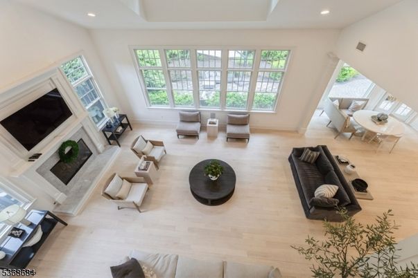 Dining room, Fireplace, Interior, Living room, Recessed Lighting, Wood Texture Flooring