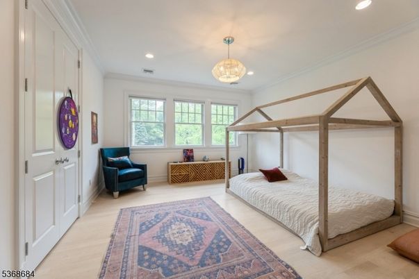 Bedroom, Chandelier, Interior, Pendant Lights, Recessed Lighting, Wood Texture Flooring