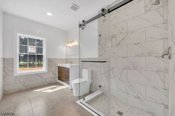 Bathroom, Glass Shower, Interior, Marble Walls, Recessed Lighting