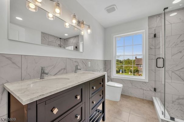 Bathroom, Glass Shower, Interior, Marble Walls, Recessed Lighting