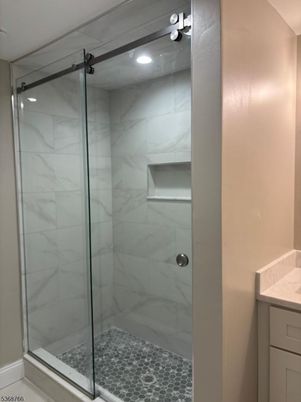 Bathroom, Glass Shower, Interior, Marble Walls, Recessed Lighting