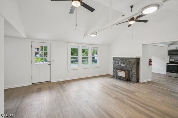 Empty room, Fireplace, Interior, Kitchen, Wood Texture Flooring
