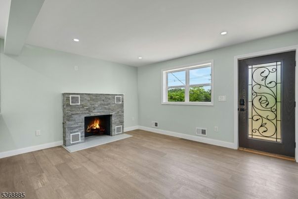 Empty room, Fireplace, Interior, Recessed Lighting, Wood Texture Flooring