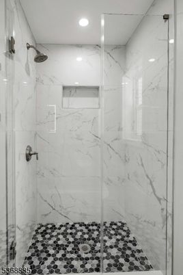 Bathroom, Glass Shower, Interior, Marble Walls, Recessed Lighting