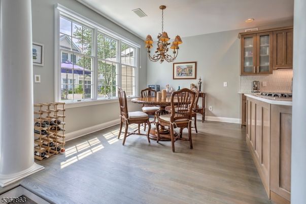 Chandelier, Dining room, Interior, Recessed Lighting, Wood Texture Flooring