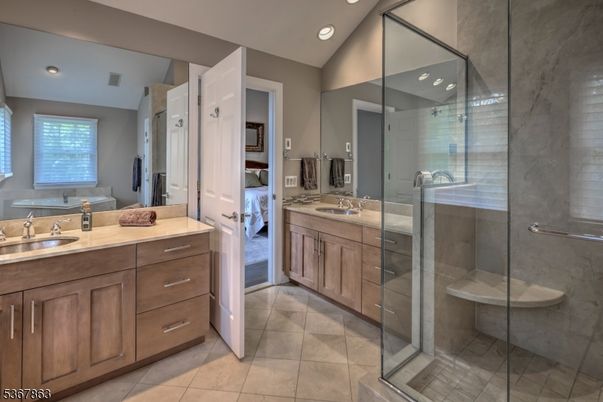 Bathroom, Dual Sink Vanities, Glass Shower, Interior, Recessed Lighting