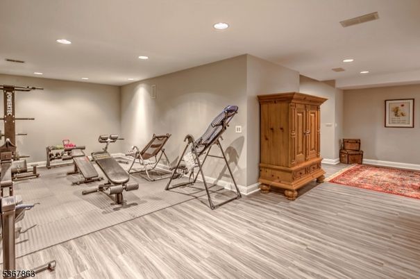 Fitness Equipment, Gym, Interior, Recessed Lighting, Wood Texture Flooring