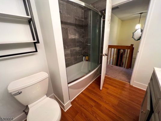 Bathroom, Glass Shower, Interior, Pendant Lights, Wood Texture Flooring