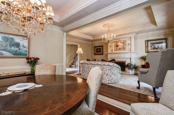 Chandelier, Dining room, Fireplace, Interior, Living room, Wood Texture Flooring