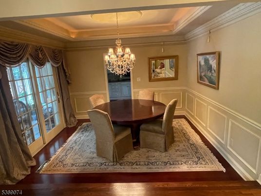 Chandelier, Dining room, Interior, Wood Texture Flooring