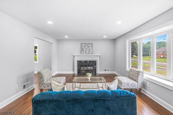 Fireplace, Interior, Living room, Recessed Lighting, Wood Texture Flooring