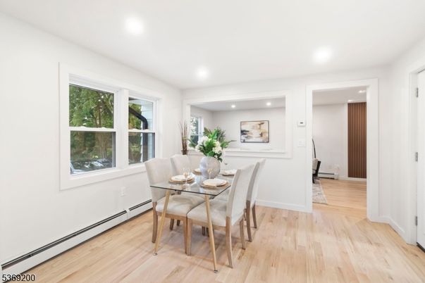 Dining room, Interior, Recessed Lighting, Wood Texture Flooring