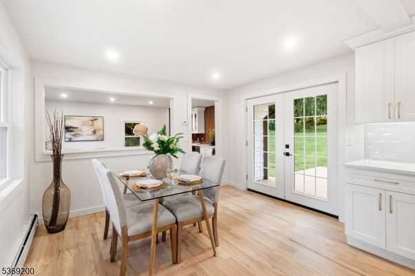 Dining room, Interior, Recessed Lighting, Wood Texture Flooring