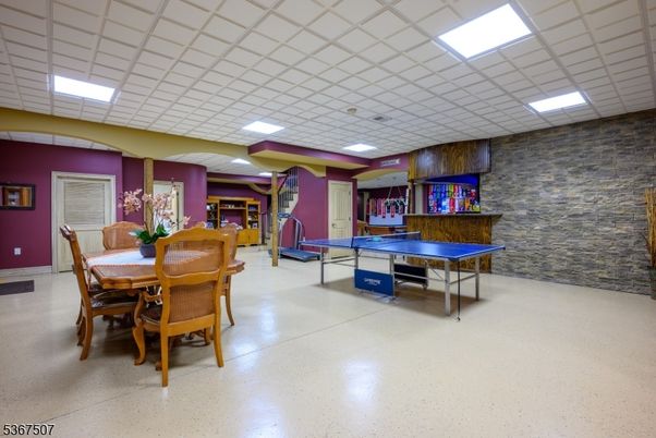 Dining room, Game Room, Interior, Recessed Lighting, Stone Walls
