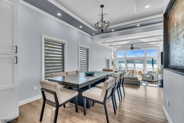Chandelier, Dining room, Interior, Living room, Recessed Lighting, Water, Wood Texture Flooring