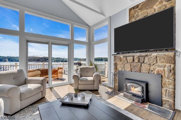 Fireplace, Interior, Living room, Stone Walls, Water, Wood Texture Flooring