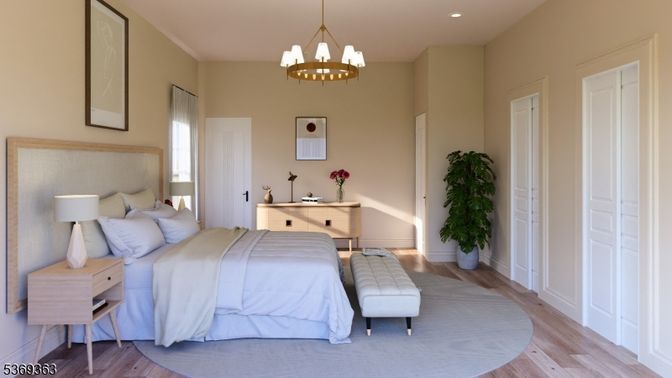 Bedroom, Chandelier, Interior, Recessed Lighting, Wood Texture Flooring