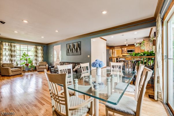 Dining room, Interior, Kitchen, Living room, Recessed Lighting, Wood Texture Flooring