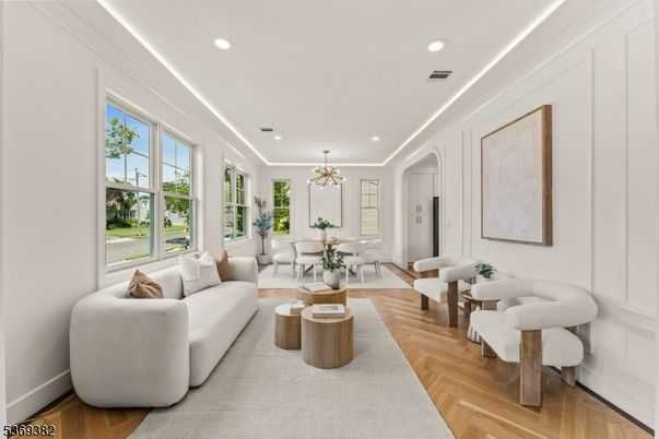 Dining room, Interior, Living room, Pendant Lights, Recessed Lighting, Wood Texture Flooring